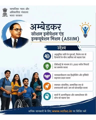 ASIIM योजना अनुसूचित जाति युवाओं और दिव्यांग उद्यमियों को नवाचार, सहयोग और स्टार्टअप अवसरों के जरिए आत्मनिर्भर बनने के लिए प्रोत्साहित कर रही है — अधिक जानकारी के लिए www.vcfsc.in पर विजिट करें। #ASIIM