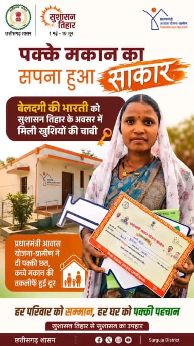 पक्के मकान का सपना हुआ साकार: बेलदगी की भारती को सुशासन तिहार में मिली खुशियों की चाबी
प्रधानमंत्री आवास योजना-ग्रामीण ने दी पक्की छत, कच्चे मकान की तकलीफें हुईं दूर
#SushasanTihar
#सुशासन_तिहार
#CGkaSushasanTihar
@chhattisgarhcmo @dpr.chhattisgarh @prdcggov