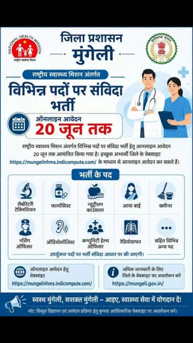 राष्ट्रीय स्वास्थ्य मिशन अंतर्गत विभिन्न पदों पर संविदा भर्ती।
आनलाइन आवेदन 20 जून तक।
#mungeli #chhattisgarh #health