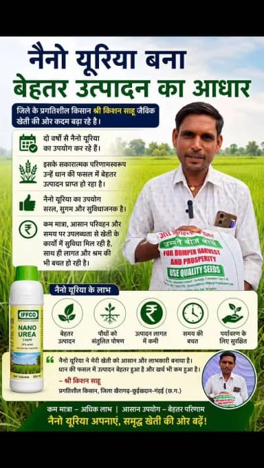 जिले के प्रगतिशील किसान श्री किशन साहू जैविक खेती की ओर कदम बढ़ा रहे है। वे कुछ वर्षों से रासायनिक खादों का उपयोग सीमित मात्रा में कर रहे हैं। जबकि हरि खाद और नैनो यूरिया को खेती किसानी के कार्यों
में ला रहे हैं। इसके सकारात्मक परिणामस्वरूप उन्हें धान की फसल में बेहतर उत्पादन प्राप्त हो रहा है। नैनो यूरिया का उपयोग सरल, सुगम और सुविधाजनक है। इसकी कम मात्रा, आसान परिवहन और समय पर उपलब्धता से खेती के कार्यों में सुविधा मिल रही है, साथ ही लागत और श्रम की भी बचत हो रही है।
#kcgdistrict #khairagarhchhuikhadangandai #NanoUrea_NanoDAP #smartforming