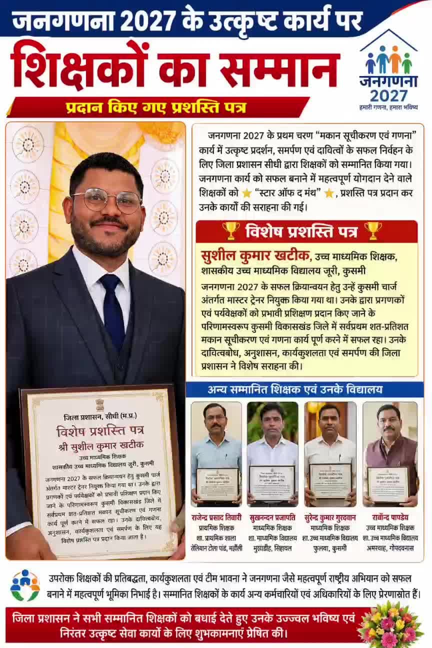 #सीधी: चार्ज कुसमी #जनगणना मास्टर ट्रेनर (डिस्ट्रिक्ट फ़ील्ड ट्रेनर) श्री सुशील कुमार खटीक उच्चमाध्यमिक शिक्षक जीवविज्ञान शासकीय उच्चतर माध्यमिक विद्यालय जूरी, को कलेक्टर महोदय ⭐ स्टार ऑफ द मंथ ⭐🌷⭐ से सम्मानित किया गया @sushilsonkar95