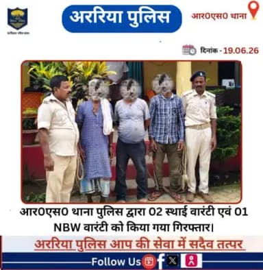 आर0एस0 थाना पुलिस द्वारा 02 स्थाई वारंटी एवं 01 NBW वारंटी को किया गया गिरफ्तार।
#BiharPolice #Araria #ArariaPolice #dial112