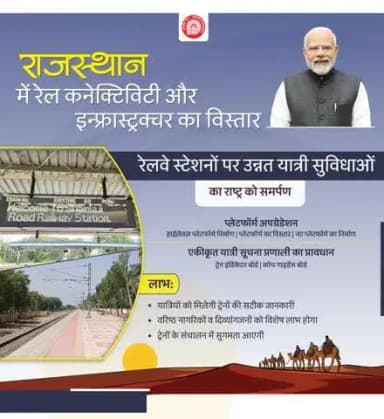राजस्थान के विभिन्न रेलवे स्टेशनों पर उन्नत यात्री सुविधाओं से यात्रा अधिक सुविधाजनक बनेगी और यात्रियों को ट्रेन संबंधी सटीक जानकारी समय पर मिलेगी।
#RailInfra4Rajasthan