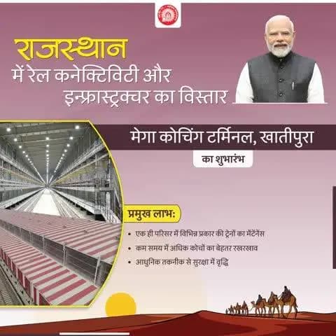 मेगा कोचिंग टर्मिनल, खातीपुरा में आधुनिक तकनीक के साथ कम समय में विभिन्न प्रकार के कोचों की बेहतर मेंटेनेंस से यात्रियों को आरामदायक और समयबद्ध रेल सेवा का लाभ मिलेगा। #RailInfra4Rajasthan