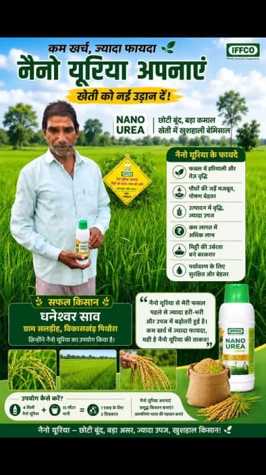 छोटी बूंद, बड़ा कमाल
ग्राम सलडीह, विकासखंड पिथौरा के किसान श्री धनेश्वर साव नैनो यूरिया के उपयोग से अपनी फसल को बेहतर पोषण दे रहे हैं। नैनो यूरिया के प्रयोग से फसल की हरियाली, वृद्धि और उत्पादन क्षमता में सकारात्मक परिणाम देखने को मिल रहे हैं।
#NanoUrea #NanoDAP #agriculture #chhattisgarh #mahasamund