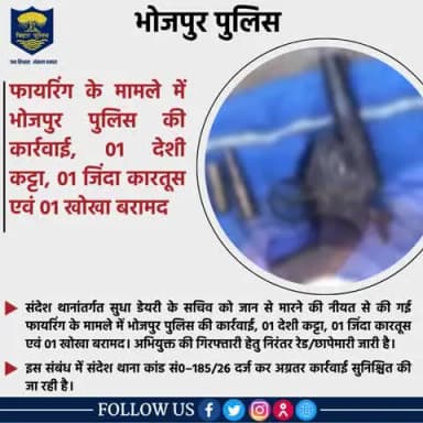 फायरिंग के मामले में #भोजपुर_पुलिस की कार्रवाई, 01 देशी कट्टा, 01 जिंदा कारतूस एवं 01 खोखा बरामद
संदेश थानांतर्गत सुधा डेयरी के सचिव को जान से मारने की नीयत से की गई फायरिंग के मामले में भोजपुर पुलिस की कार्रवाई, 01 देशी कट्टा, 01 जिंदा क