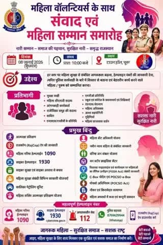 #churupolice
महिला सुरक्षा संकल्प जागरूकता अभियान का आयोजन।
दिनांक- 08.07.2026 समय 10.00 एएम
स्थान- टाउन हॉल,चूरू