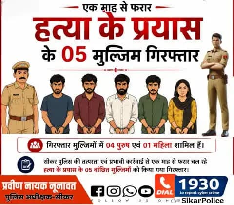 #सीकर
▪️एक माह से फरार हत्या के प्रयास के 05 मुल्जिम गिरफ्तार
गिरफ्तार मुल्जिमों में 04 पुरुष एवं 01 महिला शामिल हैं।
#थाना_खाटूश्यामजी_सदर
#TeamSikarPolice
#भारतीय_न्याय_संहिता