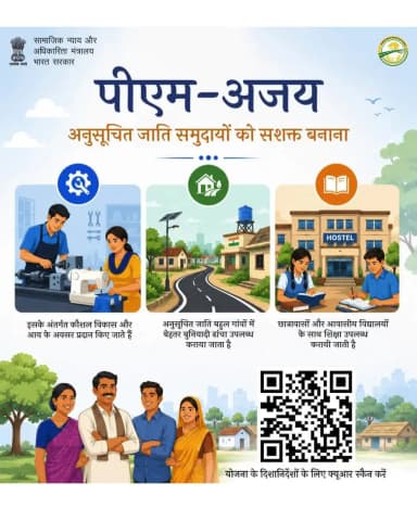 पीएम-अजय कौशल विकास, बेहतर बुनियादी ढांचे और शिक्षा के माध्यम से अनुसूचित जाति समुदायों को सशक्त बना रहा है। अधिक जानकारी के लिए QR कोड स्कैन करें। #PMAJAY