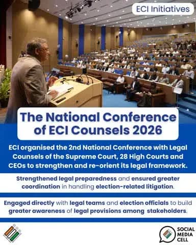 #ECI organised the 2nd National Conference with legal counsels of the Supreme Court, 28 High Courts and CEOs on 30 May, 2026 at IIIDEM, New Delhi, strengthening its legal framework and enhancing coordination in election-related litigation.