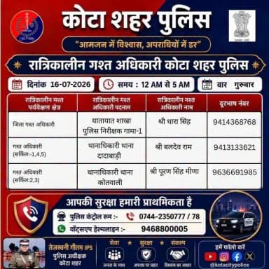 #जिला_कोटा_शहर क्षेत्र में निम्न अधिकारियों की #रात्रिकालीन_गश्त 12 AM से 05 AM तक रहेगी। रात्रि में किसी प्रकार की सहायता के लिए निम्न अधिकारियो से संपर्क कर सकते हैं। आपकी सुरक्षा हमारी सर्वोच्च प्राथमिकता है।
#KotaCityPolice #NightPatrolNumbers #staysafe