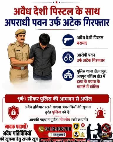 #सीकर
▪️अवैध देशी पिस्टल के साथ अपराधी पवन उर्फ अटेक गिरफ्तार
आरोपी पुलिस थाना दौलतपुरा, जयपुर पश्चिम क्षेत्र में हत्या के प्रयास के मामले में वांछित था..
#थाना_पाटन