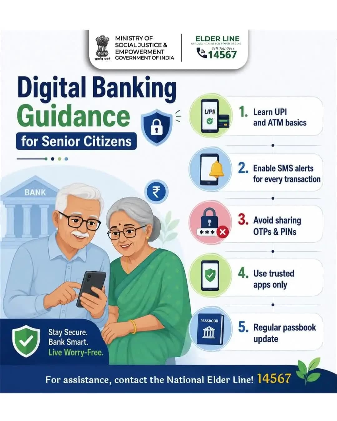 Stay safe while banking online. For assistance, call Elder Line: 14567. #DigitalSafety