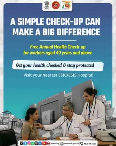A simple check-up today can prevent bigger health concerns tomorrow.
Under the New Labour Codes, ESIC provides free annual health check-ups for insured workers aged 40 years and above.
#ESIC #SwasthShramikSashaktBharat