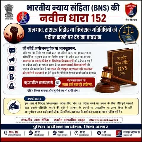 भारतीय न्याय संहिता (BNS) की नवीन धारा 152
#भारतीय_न्याय_संहिता #नवीन_आपराधिक_कानून #NewCriminalLaw2023
@PoliceRajasthan