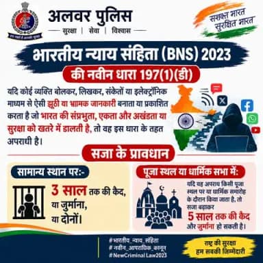भारतीय न्याय संहिता (BNS) 2023 की नवीन धारा 197(1)(डी)
#भारतीय_न्याय_संहिता #नवीन_आपराधिक_कानून #NewCriminalLaw2023
@PoliceRajasthan @IgpJaipur @DIPRRajasthan