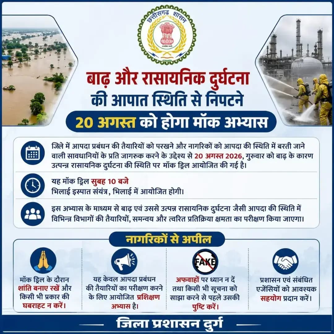 बाढ़ एवं रासायनिक दुर्घटना से निपटने 20 अगस्त को मॉक ड्रिल
भिलाई इस्पात संयंत्र, भिलाई
सुबह 10 बजे
आपदा प्रबंधन की तैयारियों, विभागीय समन्वय एवं त्वरित प्रतिक्रिया क्षमता को परखने के लिए मॉक अभ्यास आयोजित होगा।
नागरिक घबराएं नहीं, अफवाहों से बचें और किसी भी सूचना को साझा करने से पहले उसकी पुष्टि करें।
<nis:link nis:type=tag nis:id=mockdrill nis:value=MockDrill nis:enabled=true nis:link/> <nis:link nis:type=tag nis:id=disastermanagement nis:value=DisasterManagement nis:enabled=true nis:link/> <nis:link nis:type=tag nis:id=durg nis:value=Durg nis:enabled=true nis:link/> <nis:link nis:type=tag nis:id=bhilai nis:value=Bhilai nis:enabled=true nis:link/>