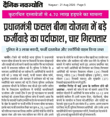 श्री आशा राम चौधरी SP नागौर के निर्देशन में प्रधानमंत्री फसल बीमा योजना के तहत फर्जी फसल बीमा कर किसानों के साथ धोखाधड़ी करने वाली गैंग का पर्दाफाश करते हुए गिरोह के 04 नामजद सदस्य सियाराम, रवीन्द्र, तरूण एवं सुखवीर गिरफ्तार किये गये। आरोपियों से फसल बीमा योजना के तहत किसानों के हड़पे 03 लाख रूपये नकद, फसल बीमा हेतु कुटरचित फॉर्म/दस्तावेज एवं घटना में प्रयुक्त एक स्कॉर्पियो वाहन जब्त किया गया।
@IgpAjmer
@PoliceRajasthan