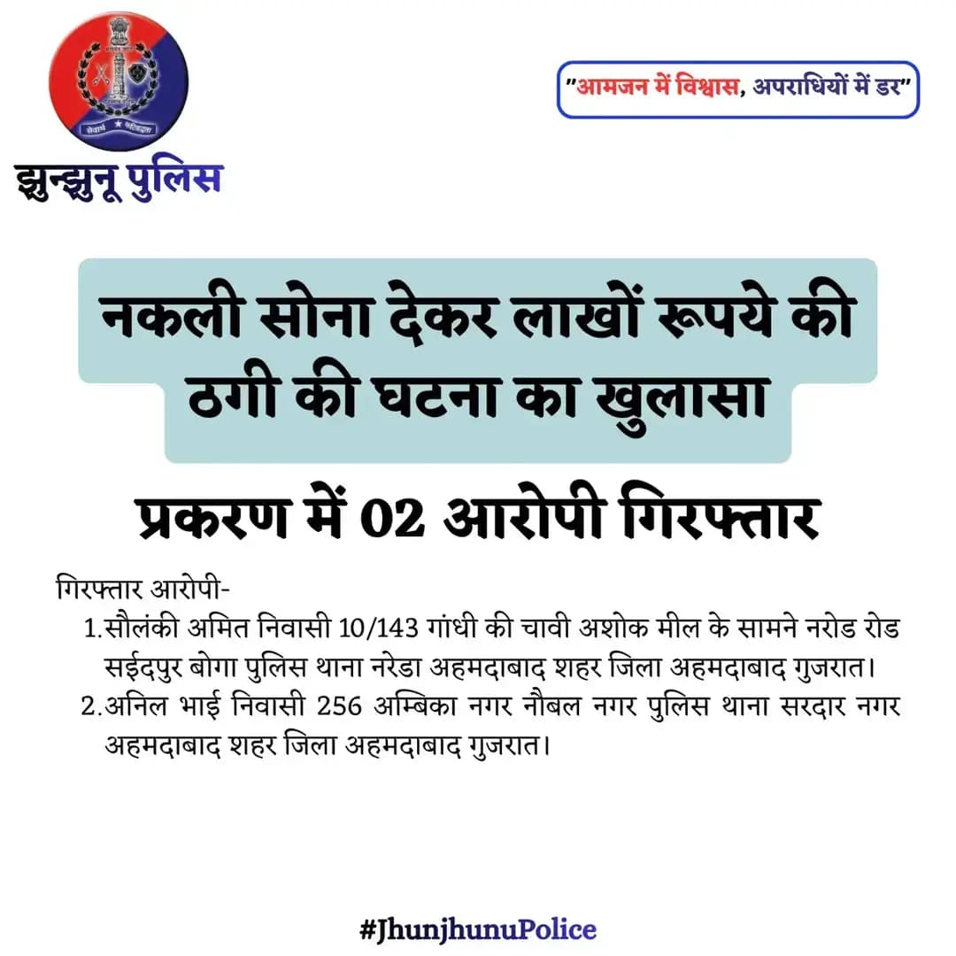 नकली सोना देकर लाखों रूपये की ठगी की घटना का खुलासा <nis:link nis:type=tag nis:id=jhunjhunupolice nis:value=JhunjhunuPolice nis:enabled=true nis:link/>