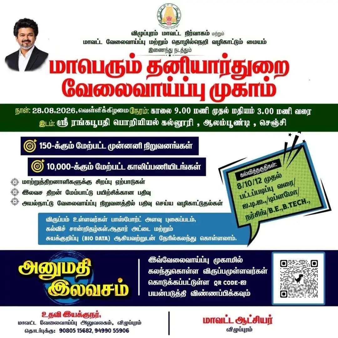 விழுப்புரம்: ஆகஸ் 28ம் தேதி 10,000க்கு மேற்பட்ட வேலைவாய்ப்பு வாய்ப்புகள் மாபெரும் முகாமில்!