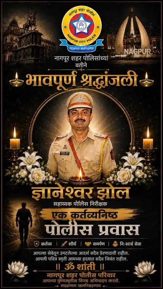 🕯️ एक कर्तव्यनिष्ठ पोलीस प्रवास…
खाकी वर्दीतील कर्तव्य, शिस्त, समर्पण आणि निःस्वार्थ सेवेतून आपली वेगळी ओळख निर्माण करणारे सहाय्यक पोलीस निरीक्षक ज्ञानेश्वर झोल यांच्या पोलीस प्रवासाची ही भावपूर्ण कहाणी…
त्यांच्या कर्तव्यनिष्ठ सेवेला आणि पवित्र स्मृतींना विनम्र अभिवादन. 🙏🕯️
त्यांचा प्रवास… त्यांची सेवा… त्यांच्या आठवणी…
पाहूया त्यांच्या पोलीस प्रवासाची ही कहाणी.
#ज्ञानेश्वरझोल #एककर्तव्यनिष्ठपोलीसप्रवास #भावपूर्णश्रद्धांजली #नागपूरशहरपोलीस #nagpurpolice