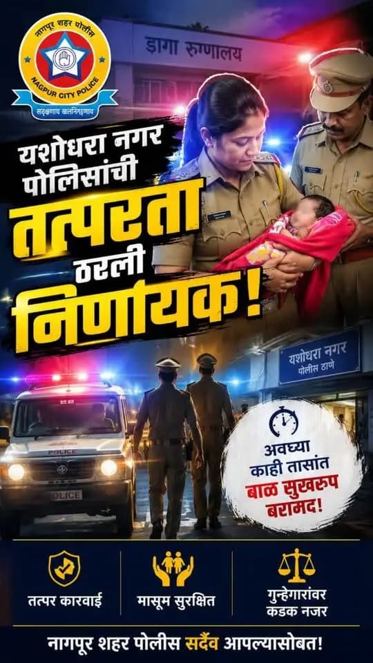 यशोधरा नगर पोलिसांची तत्परता ठरली निर्णायक!
डागा रुग्णालयातून चोरी झालेल्या नवजात बाळाचा अवघ्या काही तासांत शोध घेत पोलिसांनी त्याला सुखरूप ताब्यात घेतले. तत्पर आणि कौशल्यपूर्ण कारवाईमुळे कुटुंबीयांना मोठा दिलासा मिळाला. 👮♀️👮♂️
पोलिसांच्या नजरेतून कोणताही गुन्हेगार सुटू शकत नाही! कितीही लपण्याचा प्रयत्न केला, तरी कायद्याच्या हातापासून सुटका नाही. ⚖️
पोलीस ठाणे प्रभारी अधिकारी व महिला पोलीस उपनिरीक्षक यांच्या नेतृत्वाखाली केलेल्या प्रभावी कारवाईला सलाम!
जनतेचा विश्वास • पोलिसांची तत्परता • सुरक्षित नागपूर 🇮🇳
#NagpurCityPolice #YashodharaNagarPolice #NagpurPolice #PoliceAction #SafeNagpur