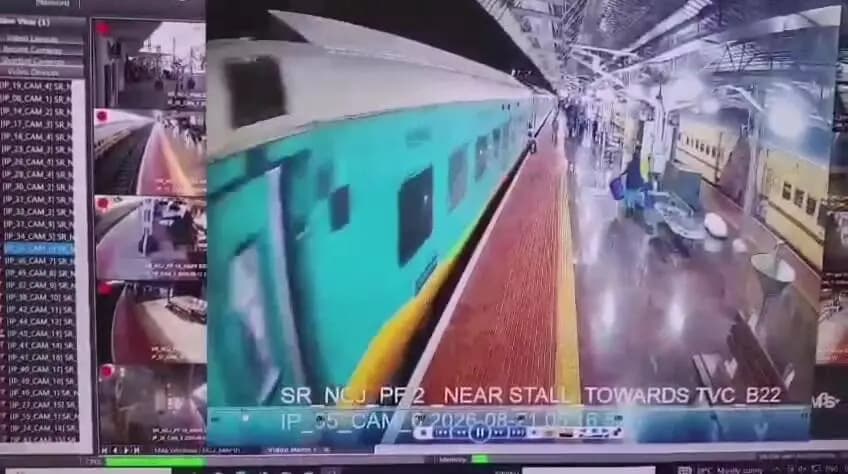 அகஸ்தீஸ்வரம்: நாகர்கோவில் ரெயில் நிலையத்தில் ரெயிலில் இருந்து விழுந்த ஊழியரை போலீஸ் காப்பாற்றிய அதிரடி விடுதி
