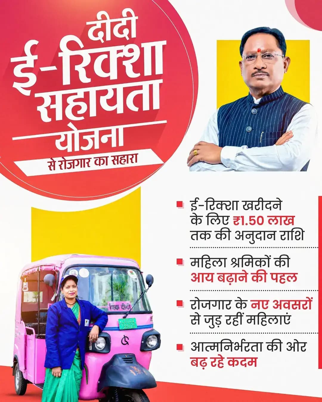 ‘दीदी ई-रिक्शा सहायता योजना’ से महिला श्रमिकों को रोजगार का सहारा
मुख्यमंत्री श्री विष्णु देव साय के नेतृत्व में ‘दीदी ई-रिक्शा सहायता योजना’ के माध्यम से महिला श्रमिकों को रोजगार के नए अवसर मिल रहे हैं। ई-रिक्शा खरीदने के लिए ₹1.50 लाख तक की अनुदान राशि से महिलाओं की आय बढ़ाने और उन्हें आत्मनिर्भर बनाने की दिशा में महत्वपूर्ण पहल की जा रही है।