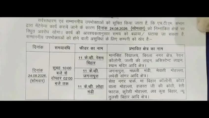 ग्वालियर गिर्द: 24 अगस्त को ग्वालियर के कई इलाकों में बिजली कटौती, विभाग ने जारी की सूची
