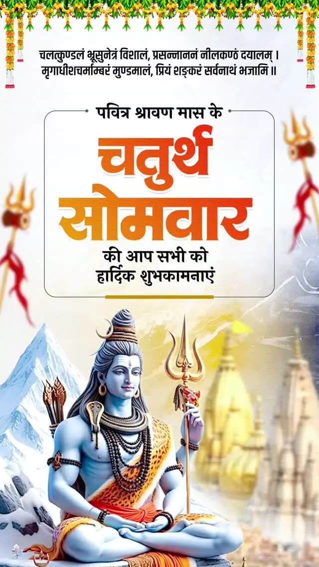 चलत्कुण्डलं भ्रूसुनेत्रं विशालं,
प्रसन्नाननं नीलकण्ठं दयालम्।
मृगाधीशचर्माम्बरं मुण्डमालं,
प्रियं शङ्करं सर्वनाथं भजामि॥
पवित्र श्रावण मास के चतुर्थ सोमवार की आप सभी को हार्दिक शुभकामनाएं।
भगवान महादेव की कृपा से सभी के जीवन में सुख, शांति और समृद्धि बनी रहे।
#श्रावण_सोमवार #श्रावण_मास