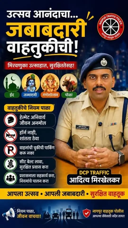 उत्सव आनंदाचा… जबाबदारी वाहतुकीची! 🙏✨
ईद, जन्माष्टमी, गणेशोत्सव, पोळा अशा विविध सणांच्या मिरवणुका उत्साहात आणि सुरक्षितपणे पार पडाव्यात यासाठी वाहतुकीचे नियम पाळणे आणि प्रशासनाला सहकार्य करणे ही आपल्या प्रत्येकाची जबाबदारी आहे. 🚦
DCP Traffic मा. आदित्य मिरखेलकर यांनी दिलेल्या महत्त्वाच्या सूचनांचे पालन करूया आणि सणांचा आनंद सुरक्षिततेसोबत साजरा करूया.
आपला उत्सव • आपली जबाबदारी • सुरक्षित वाहतूक 🚔