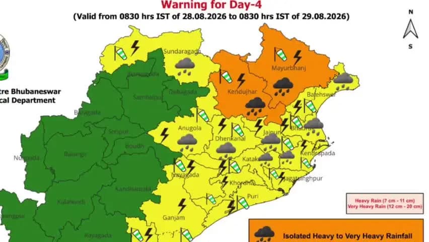 ବାରିପଦା ସଦର: ଜିଲ୍ଲାରେ ଆସନ୍ତା ୨୮ ରୁ ୩୧ ଯାଏଁ ବର୍ଷା ପବନ ସହ ବଜ୍ରପାତ ହେବା ନେଇ ଆଞ୍ଚଳିକ ପାଣିପାଗ ବିଭାଗ ପକ୍ଷରୁ ଅରେଞ୍ଜ ୱାର୍ଣିଂ ଜାରୀ