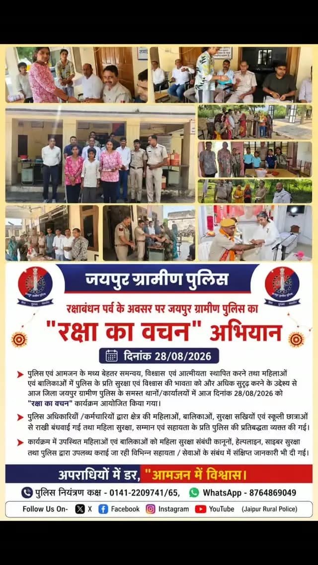 #Jaipur_Rural: जयपुर ग्रामीण पुलिस
#रक्षाबंधन पर्व के अवसर पर जयपुर ग्रामीण पुलिस का"रक्षा का वचन" अभियान। दिनांक 28/08/2026
पुलिस एवं आमजन के मध्य बेहतर समन्वय, विश्वास एवं आत्मीयता स्थापित करने तथा महिलाओं एवं बालिकाओं में पुलिस के प्रति सुरक्षा एवं विश्वास की भावना को और अधिक सुदृढ़ करने के उद्देश्य से आज जिला जयपुर ग्रामीण पुलिस के समस्त थानों/कार्यालयों में आज दिनांक 28/08/2026 को "रक्षा का वचन" कार्यक्रम आयोजित किया गया।
पुलिस अधिकारियों /कर्मचारियों द्वारा क्षेत्र की महिलाओं, बालिकाओं, सुरक्षा सखियों एवं स्कूली छात्राओं से राखी बंधवाई गई तथा महिला सुरक्षा, सम्मान एवं सहायता के प्रति पुलिस की प्रतिबद्धता व्यक्त की गई।
कार्यक्रम में उपस्थित महिलाओं एवं बालिकाओं को महिला सुरक्षा संबंधी कानूनों, हेल्पलाइन, साइबर सुरक्षा तथा पुलिस द्वारा उपलब्ध कराई जा रही विभिन्न सहायता / सेवाओं के संबंध में संक्षिप्त जानकारी भी दी गई।
@policerajasthan
@igpjaipur
@diprrajasthan
#raksha_ka