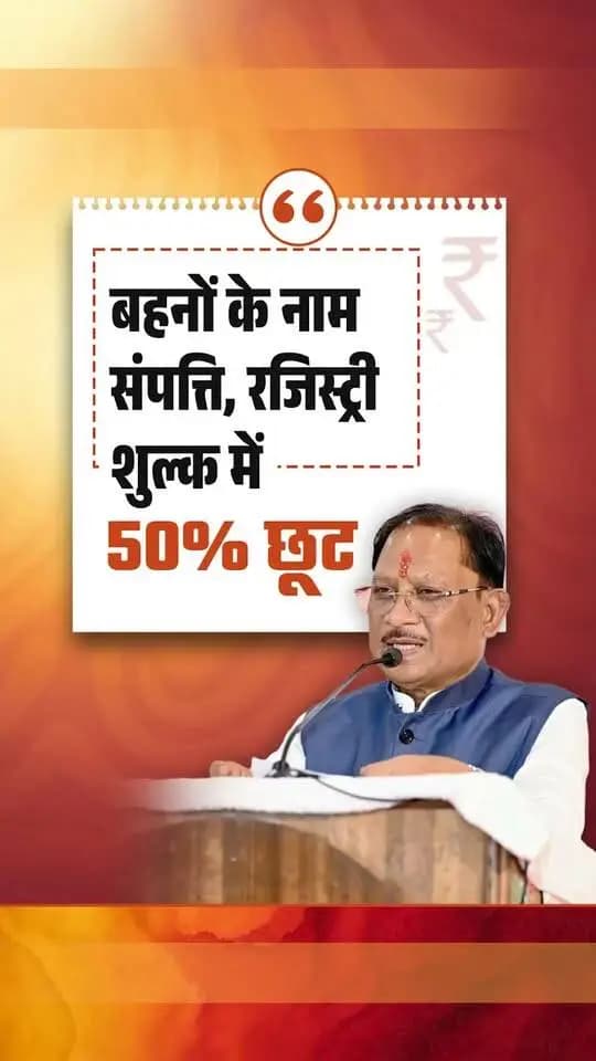 महिलाओं के नाम पर जमीन की रजिस्ट्री कराने पर पंजीयन शुल्क में 50 प्रतिशत की छूट का लाभ दिया जा रहा है। पिछले ढाई वर्षों में लगभग 30 हजार महिलाओं के नाम पर रजिस्ट्रियां हुई हैं।
— श्री विष्णु देव साय
मुख्यमंत्री, छत्तीसगढ़
#VishnuDeoSai #Sushasansarkar #Chhattisgarh #WomenEmpowerment
