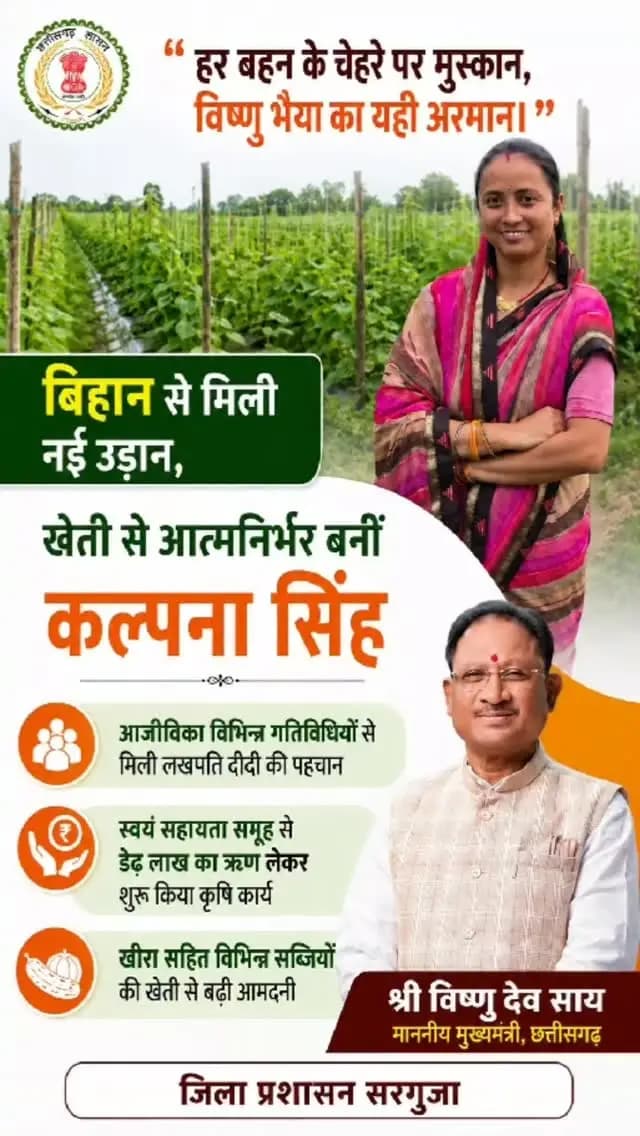 “बहनों की तरक्की, परिवार की शान—विष्णु भैया का यही अभियान।”
बिहान से मिली नई उड़ान, खेती से आत्मनिर्भर बनीं कल्पना सिंह, आजिविका की विभिन्न गतिविधियों से मिली लखपति दीदी की पहचान,स्वयं सहायता समूह से डेढ़ लाख का ऋण लेकर शुरू किया कृषि कार्य, खीरा सहित विभिन्न सब्जियों की खेती से बढ़ी आमदनी
#lakhapatididi #WomenEmpowerments #NariShakti #VishnuBhaiya #Surguja
@chhattisgarhcmo @dpr.chhattisgarh @bihan_cg_srlm @prdcggov