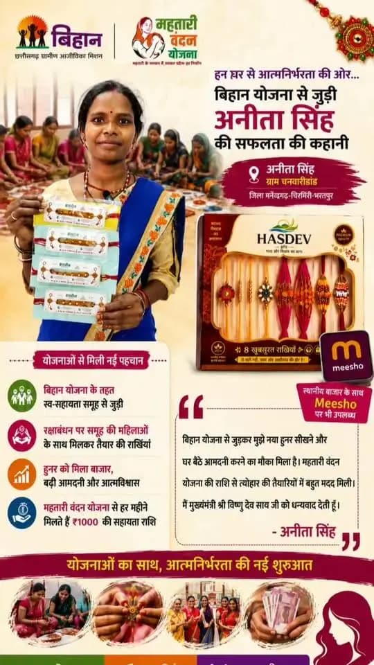 ग्राम चनवारीडांड की अनीता सिंह ने बिहान योजना से स्व-सहायता समूह से जुड़कर राखी निर्माण का हुनर सीखा। समूह की महिलाओं द्वारा तैयार ‘Hasdeo Brand’ की राखियां स्थानीय बाजार के साथ-साथ Meesho पर भी उपलब्ध हैं।
रक्षाबंधन से पहले मिली महतारी वंदन योजना की ₹1000 की सहायता राशि ने त्योहार की तैयारियों में उनका सहारा बढ़ाया।
बिहान का साथ, महतारी वंदन का संबल—महिलाओं के हुनर को मिल रही आत्मनिर्भरता की नई उड़ान।
#Bihan #MahatariVandanYojana #WomenEmpowerment #mcbdistrict