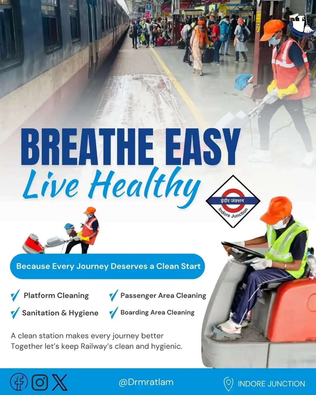 Breathe easy, travel healthy. 🌿 Clean platforms, sanitized spaces, and a better travel experience every day at Indore Junction.
#indorejunction #swachhbharat #indianrailways #cleanjourney