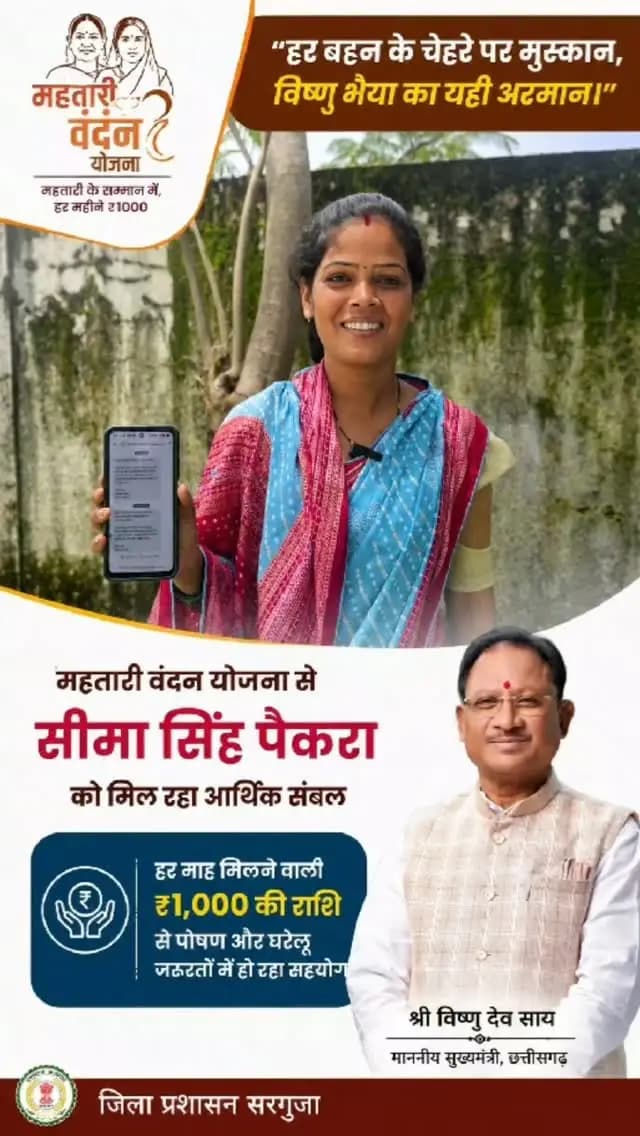 हर बहन के चेहरे पर मुस्कान, विष्णु भैया का यही अरमान।
महतारी वंदन योजना से सीमा सिंह पैकरा को हर माह ₹1,000 की राशि मिल रही है, जिससे पोषण एवं घरेलू जरूरतों में आर्थिक सहयोग मिल रहा है।
#महतारी_वंदन_योजना #नारी_सशक्तिकरण
#विष्णु_भैया #सरगुजा
@chhattisgarhcmo @dpr.chhattisgarh @wcd_cg