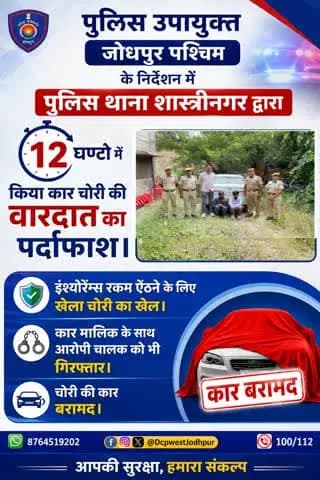 पुलिस उपायुक्त जोधपुर पश्चिम के निर्देशन में पुलिस थाना शास्त्रीनगर द्वारा 12 घण्टो में किया कार चोरी की वारदात का पर्दा