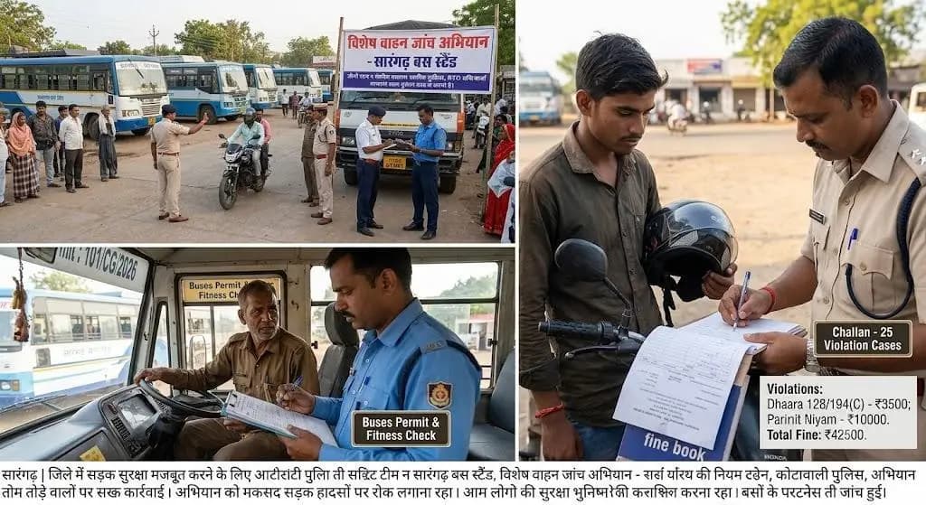 सारंगढ़: सारंगढ़ बस स्टैंड पर वाहन जांच अभियान में 25 चालकों पर ₹42,500 का जुर्माना