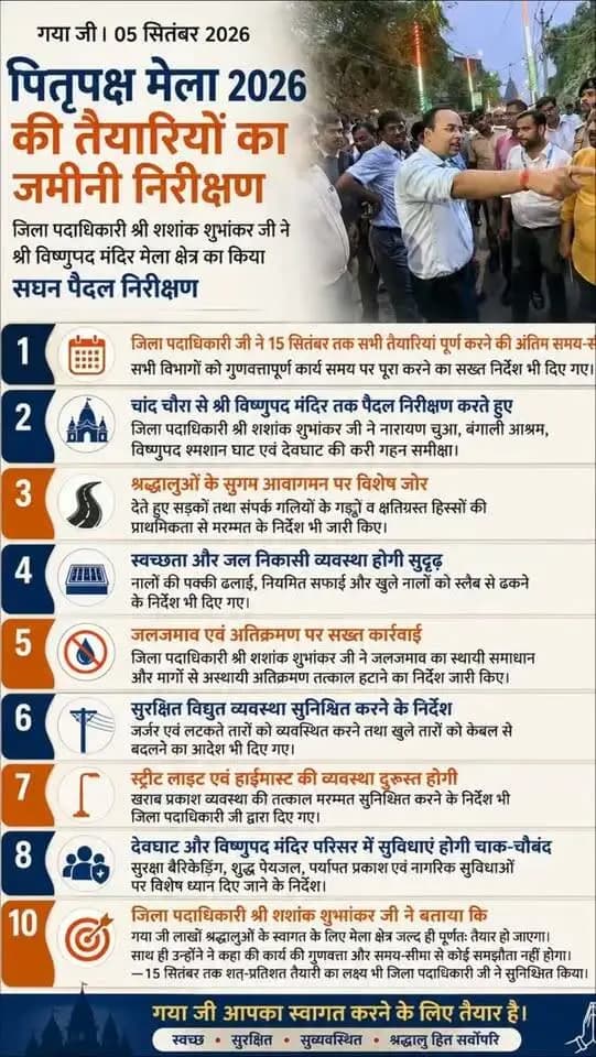 गया जी में पितृपक्ष मेला 2026 की तैयारियों का जमीनी निरीक्षण।
जिला पदाधिकारी श्री शशांक शुभांकर जी ने श्री विष्णुपद मंदिर मेला क्षेत्र का पैदल निरीक्षण कर सड़क, स्वच्छता, जल निकासी, अतिक्रमण, विद्युत, प्रकाश, सुरक्षा एवं नागरिक सुविधाओं की समीक्षा की।
सभी तैयारियां 15 सितंबर तक शत-प्रतिशत पूर्ण करने का लक्ष्य। कार्य की गुणवत्ता और समय-सीमा से कोई समझौता नहीं होगा।
CMO Bihar Samrat Choudhary @topfans Home Department, Govt. of Bihar Press Information Bureau - PIB, Government of India
#Pitrapaksha2026 #GayaJi #PindDaan #bihar