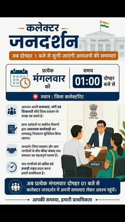 जनदर्शन में अब दोपहर 01 बजे से सुनी जाएंगी आमजनों की समस्याएं
आमजनों की समस्याओं, मांगों एवं शिकायतों के त्वरित निराकरण और उन्हें शासन-प्रशासन तक सहज पहुंच उपलब्ध कराने के उद्देश्य से आयोजित होने वाला कलेक्टर जनदर्शन अब प्रत्येक मंगलवार दोपहर 01 बजे से जिला कलेक्टोरेट में आयोजित किया जाएगा।
#mungeli