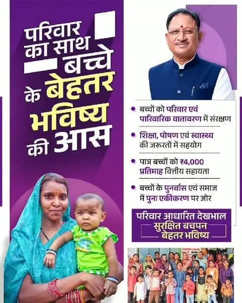 छत्तीसगढ़ सरकार बच्चों के सुरक्षित और उज्ज्वल भविष्य के लिए परिवार आधारित देखभाल को बढ़ावा दे रही है। पात्र बच्चों को परिवार एवं पारिवारिक वातावरण में संरक्षण के साथ शिक्षा, पोषण और स्वास्थ्य की जरूरतों में सहयोग तथा ₹4,000 प्रतिमाह वित्तीय सहायता प्रदान की जा रही है।
साथ ही, बच्चों के पुनर्वास और समाज में पुनः एकीकरण पर विशेष जोर दिया जा रहा है।