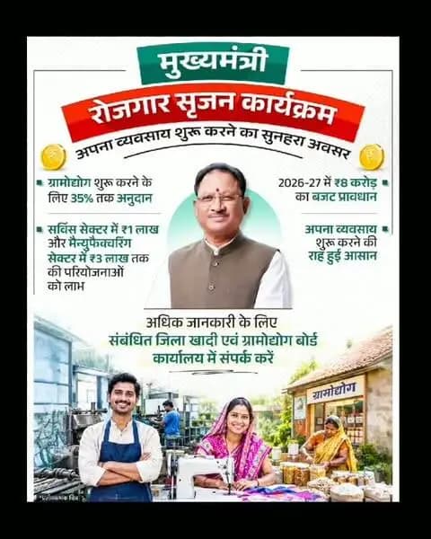 स्वरोजगार से आत्मनिर्भरता की ओर बढ़ते कदम
मुख्यमंत्री श्री विष्णु देव साय के नेतृत्व में सुशासन सरकार युवाओं, महिलाओं और जरूरतमंद हितग्राहियों को स्वरोजगार से जोड़ने के लिए मुख्यमंत्री रोजगार सृजन कार्यक्रम के माध्यम से वित्तीय सहायता एवं अनुदान की सुविधा उपलब्ध करा रही है।
इस पहल से मैन्युफैक्चरिंग, सेवा और व्यवसाय के क्षेत्र में नई इकाइयां स्थापित करने के साथ स्थानीय स्तर पर रोजगार के अवसरों का सृजन हो रहा है।