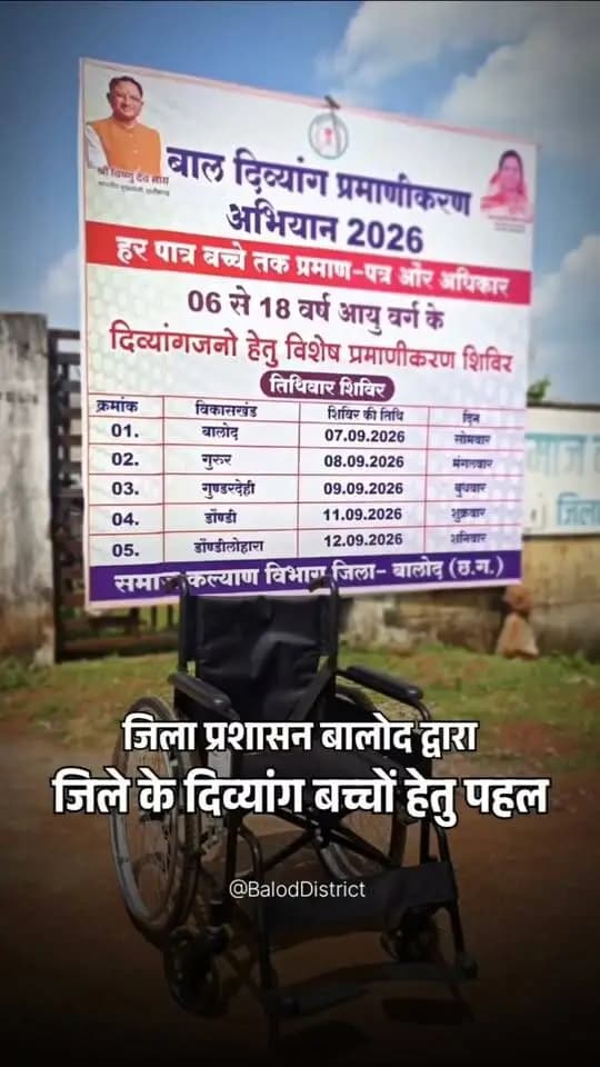 जिला प्रशासन बालोद द्वारा दिव्यांग बच्चों के सशक्तिकरण और उन्हें शासन की योजनाओं से जोड़ने की दिशा में एक संवेदनशील पहल!
जिले में 6 से 18 वर्ष आयु वर्ग के बच्चों के लिए बाल दिव्यांग प्रमाणीकरण अभियान के अंतर्गत विशेष शिविर का आयोजन 7 से 12 सितंबर तक समाज कल्याण कार्यालय परिसर, झलमला में किया जा रहा है।
शिविर की मुख्य विशेषताएं:
नए दिव्यांगता प्रमाण पत्र जारी करना, नवीनीकरण और यूडीआईडी (UDID) कार्ड निर्माण।
कृत्रिम अंग एवं सहायक उपकरण, छात्रवृत्ति तथा पेंशन योजनाओं से जोड़ने की त्वरित कार्यवाही।
शिविर में शामिल होने वाले बच्चों और उनके परिजनों के लिए निःशुल्क परिवहन (बस) व भोजन की सुगम व्यवस्था।
#Balod #Divyangjan #SocialWelfare #Inclusion #PublicWelfare #Chhattisgarh