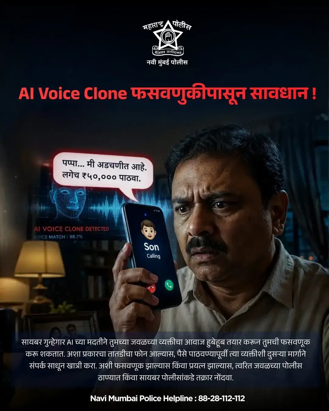 फोनवरील प्रत्येक आवाज खरा असेलच असं नाही... 🎭📱
तंत्रज्ञान जितकं वेगाने पुढे जात आहे, तितकंच सायबर गुन्हेगारांचे डावपेचही अधिक हुशार होत आहेत. विश्वास ठेवण्यापूर्वी पडताळणी करा, कारण एक क्षणाची घाई मोठं नुकसान करू शकते.
सतर्क नागरिक, सुरक्षित समाज. 🚨
<nis:link nis:type=tag nis:id=navimumbaipolice nis:value=navimumbaipolice nis:enabled=true nis:link/> <nis:link nis:type=tag nis:id=cyberawareness nis:value=cyberawareness nis:enabled=true nis:link/> <nis:link nis:type=tag nis:id=stayalert nis:value=stayalert nis:enabled=true nis:link/> <nis:link nis:type=tag nis:id=cybersafety nis:value=cybersafety nis:enabled=true nis:link/> <nis:link nis:type=tag nis:id=digitalsecurity nis:value=digitalsecurity nis:enabled=true nis:link/>