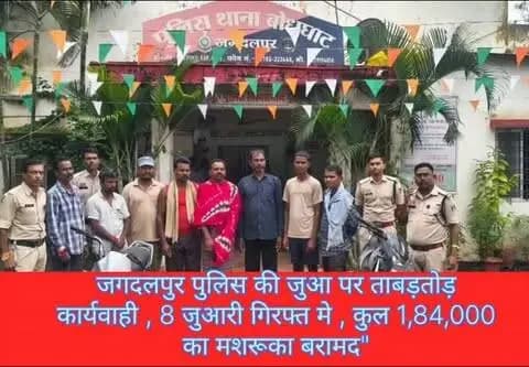 जिला-बस्तर, जगदलपुर
दिनाॅंक- 09.09.2026
📌 बस्तर जिले में जुआडियो पर की गई कार्यवाही
📌 जुआ खेलने वाले 08 आरोपियो को किया गया गिरफ्तार
📌 आरोपियों के कब्जे से नगदी रकम 2760 रु, 07 नग पुराना इस्तेमाली टच स्क्रीन मोबाइल, 02 नग मोटर सायकल को किया गया जप्त
📌 आरोपियों से जप्त नगदी रकम, मोबाइल, एवं मोटर सायकल की कुल करीबन 1,84,760रु. का माल जप्त
📌 08 आरोपी को किया गया गिरफ्तार
📌 थाना बोधघाट क्षेत्रन्तर्गत ग्राम सरगीपाल की गयी कार्यवाही
📌नाम आरोपी :-
(1) पदलाम बघेल पिता घासी राम बघेल उम्र 33 साल, (2) सुकराम नाग पिता विश्वनाथ उम्र 40 वर्ष (3) सामसेन बघेल पिता स्व. महादेव बघेल उम्र 31 साल (4) लछीन नाग पिता रघुनाथ उम्र 43 वर्ष (5) सुंदर बघेल पिता रामेश्वर बघेल उम्र 39 वर्ष (6) सहदेव बघेल पिता सामो बघेल उम्र 61 वर्ष (7) लोकनाथ कश्यप पिता रूप सिंग कश्यप उम्र 60 वर्ष सभी निवासी ग्राम सरगीपाल (8) परमेश्वर जोशी पिता सूमोनू जोशी उम्र 33 साल निवासी ग्राम बिलोरी
📌जप्त सम्पत्ति :-
आरोपी के कब्जा से त
