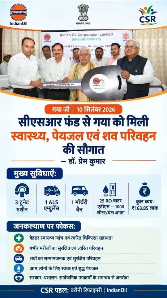 गया जी।10 सितंबर 2026
सीएसआर फंड से गया जी को स्वास्थ्य, पेयजल एवं शव परिवहन की महत्वपूर्ण सौगात। 🏥💧🚑
3 ट्रूनेट मशीन, 1 ALS एम्बुलेंस, 1 मॉर्चरी वैन एवं 25 RO वाटर एटीएम के माध्यम से नागरिकों को बेहतर स्वास्थ्य, स्वच्छ पेयजल एवं सम्मानजनक शव परिवहन की सुविधा मिलेगी।
यह पहल जनकल्याण और सामाजिक दायित्व के प्रति प्रतिबद्धता का सशक्त उदाहरण है।
@topfans Indian Oil Corporation Ltd. Information & Public Relations Department, Government of Bihar DD News Bihar All India Radio News Ministry of Petroleum and Natural Gas, Government of India Dr. Prem Kumar Bihar Tak
#facebookreels #explorepage #goodvibes #positive #steps