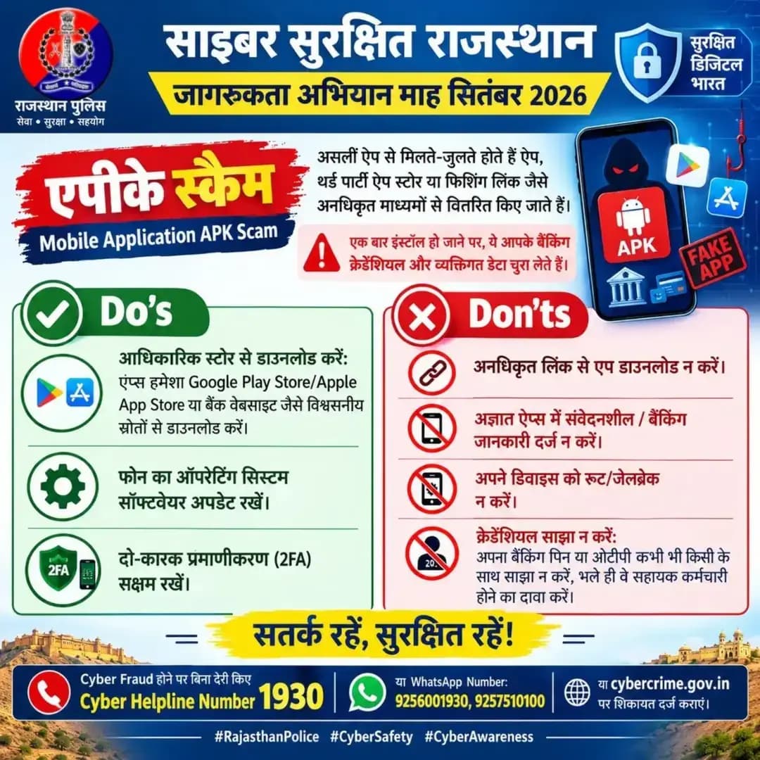 एपीके स्कैम, Mobile Application APK Scam
✓ असली ऐप से मिलते-जुलते होते हैं ऐप, थर्ड पार्टी ऐप स्टोर या फिशिंग लिंक जैसे अनधिकृत माध्यमों से वितरित किए जाते हैं।
✓ एक बार इंस्टॉल हो जाने पर, ये आपके बैंकिंग क्रेडेंशियल और व्यक्तिगत डेटा चुरा लेते हैं।
<nis:link nis:type=tag nis:id=साइबर_सुरक्षित_राजस्थान nis:value=साइबर_सुरक्षित_राजस्थान nis:enabled=true nis:link/> <nis:link nis:type=tag nis:id=jhunjhunupolice nis:value=JhunjhunuPolice nis:enabled=true nis:link/>