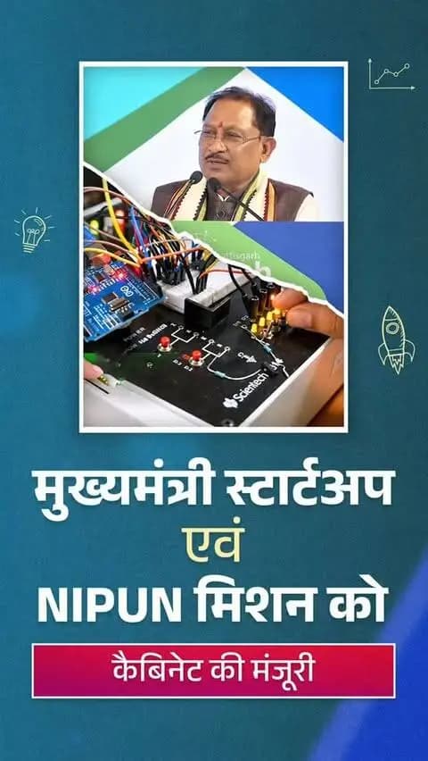 मुख्यमंत्री श्री विष्णु देव साय के नेतृत्व में मुख्यमंत्री स्टार्टअप एवं NIPUN मिशन को कैबिनेट की मंजूरी मिली।
अगले 5 वर्षों में ₹500 करोड़ के प्रावधान से 33 जिलों में उद्यमिता केंद्र, 100 इमर्जिंग टेक्नोलॉजी लैब और 5 इंडस्ट्री एक्सीलेंस सेंटर स्थापित होंगे।
